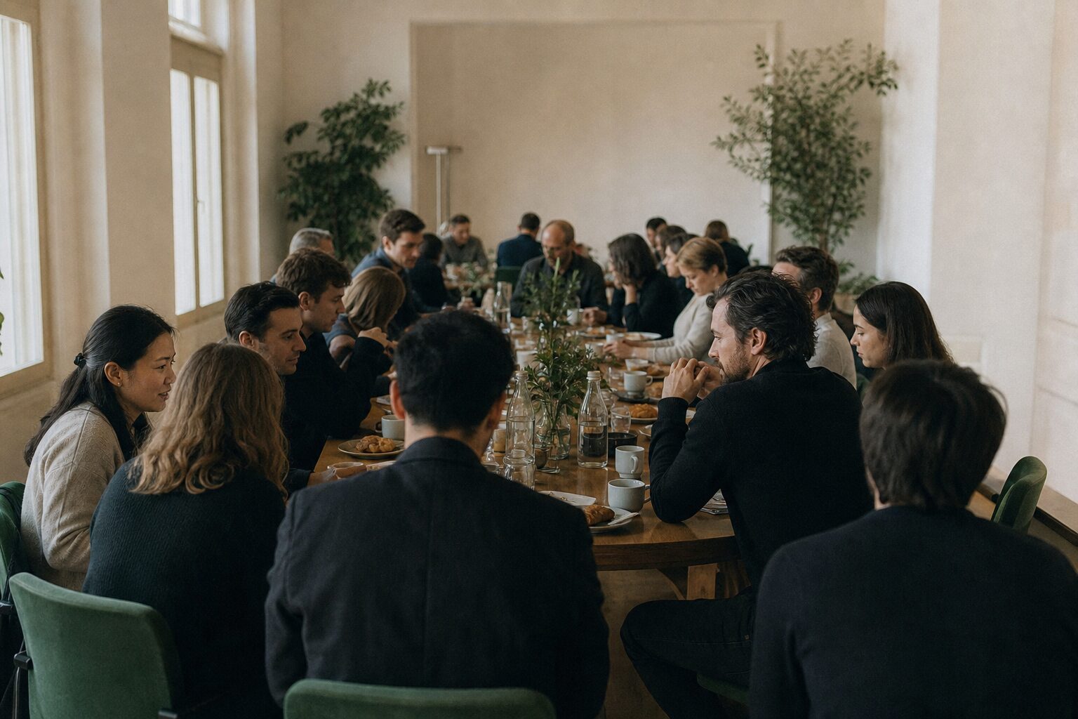 A founder breakfast room with a long table nearly full of people talking over coffee